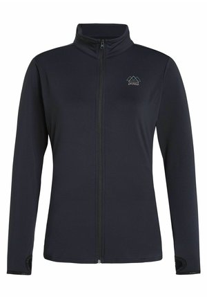 Chaqueta de forro polar negra con un alto collar, cremallera completa, un logo bordado y detalles texturizados en contraste en los puños. Material suave y ligero.