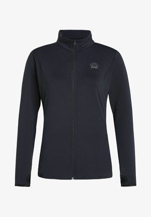 Chaqueta de forro polar negra con un alto collar, cremallera completa, un logo bordado y detalles texturizados en contraste en los puños. Material suave y ligero.