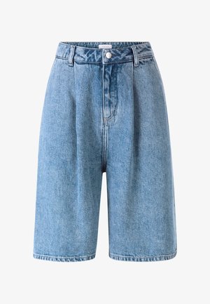 Heledad sinised teksased lühikesed püksid kõrge vöökohtadega, millel on ees voldid, nööbiga sulgemine ja sirge, põlve pikkusega lõige.