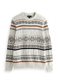 Hellgrauer Strickpullover mit aufwendigen geometrischen Mustern in Schwarz und Braun, runder Ausschnitt sowie gerippten Bündchen und Saum.