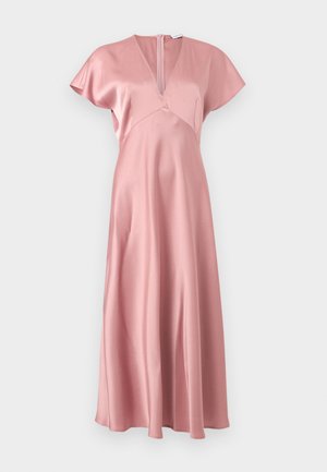 Robe midi en satin rose poussiéreux avec manches courtes, décolleté en V, taille cintrée et fermeture éclair au dos.
