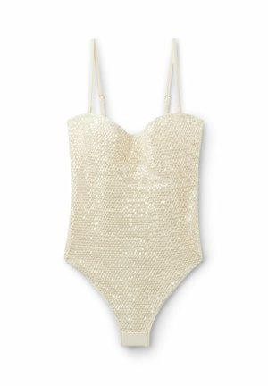 Body ajustado de color marfil cubierto de lentejuelas, con tirantes finos ajustables y escote de corazón, diseñado para un ajuste ceñido.