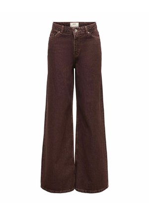 Jean taille haute à jambes larges en denim marron foncé avec passants de ceinture, bouton sur le devant et style cinq poches.