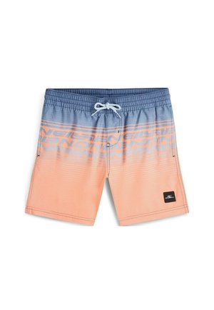 Bañador corto con degradado azul y melocotón, con cintura elástica, cordón y el logo repetido de "O'Neill" en la parte superior.