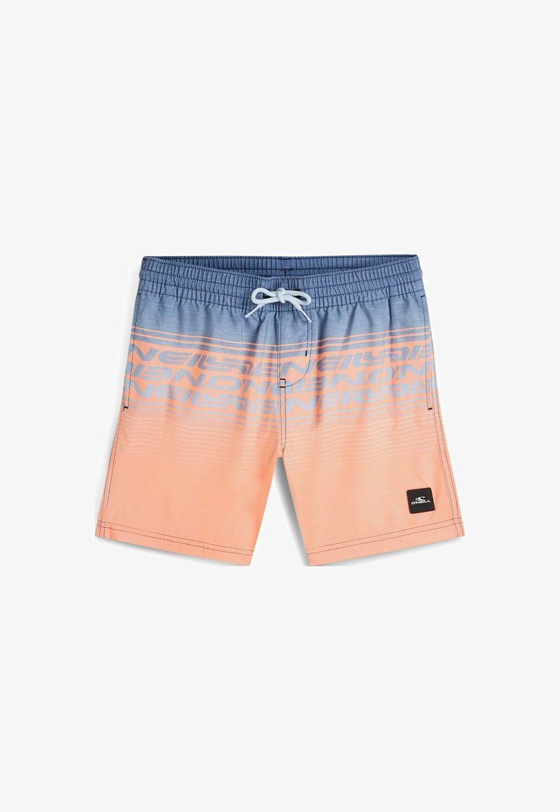 Pantaloncini da bagno con sfumatura blu e pesca, dotati di cintura elastica, coulisse e logo "O'Neill" ripetuto nella parte superiore.