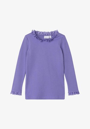 Lila langärmeliges Rippenshirt mit Spitzenrüschen am Kragen und an den Ärmelbündchen, Kindgröße Small.
