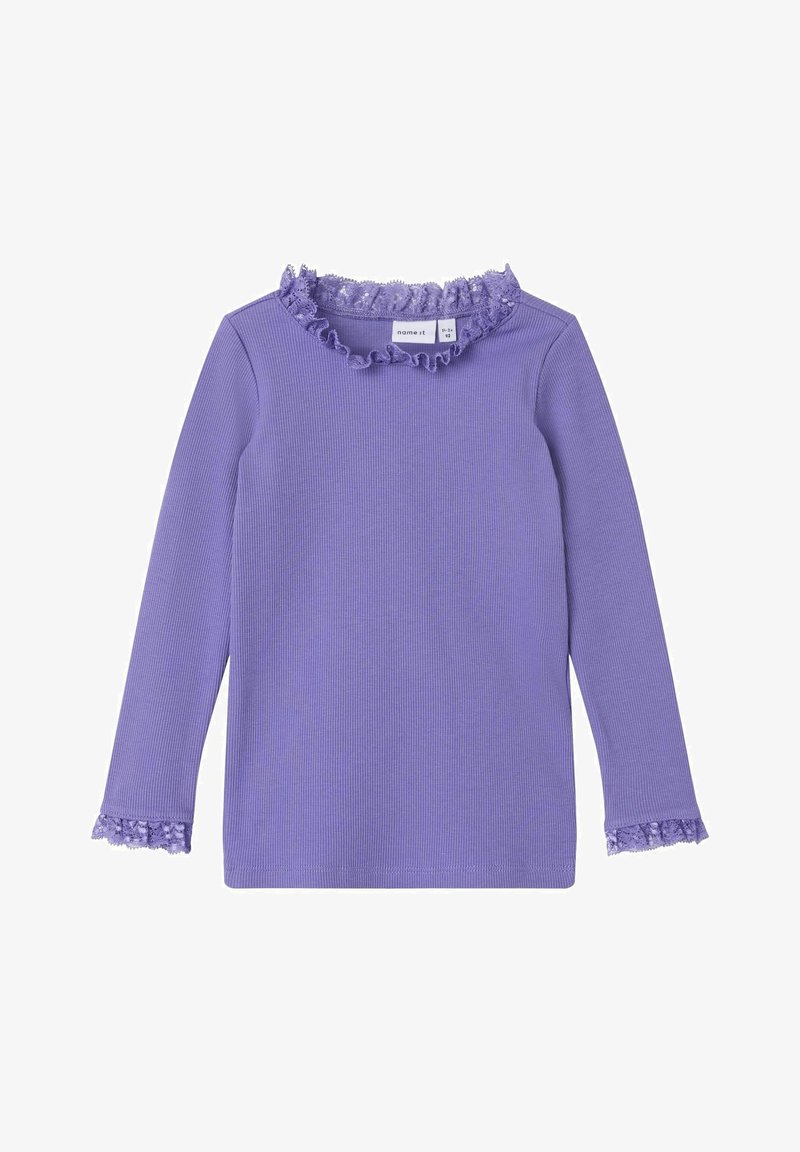 Chemise côtelée violet manches longues avec volants en dentelle sur le col et les poignets, taille enfant petit.