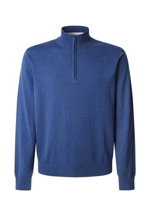 Maglione blu con colletto alto, chiusura con zip, maniche lunghe e polsini e orlo a coste, realizzato in un morbido tessuto testurizzato.