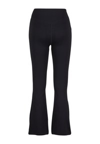 Pantalones acampanados negros de tela acanalada, con cintura alta, superficie texturizada y costuras sin costura para una apariencia ajustada.