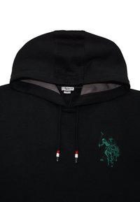 Black hoodie with a green embroidered polo player logo. Features a drawstring hood with black cords and red, white, and black accents.