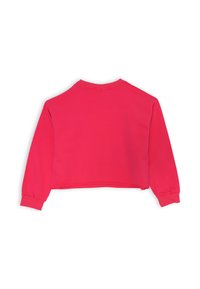 Felpa corta rosa con maniche lunghe, scollatura a girocollo e polsini a costine. Texture liscia, senza motivi o decorazioni visibili.