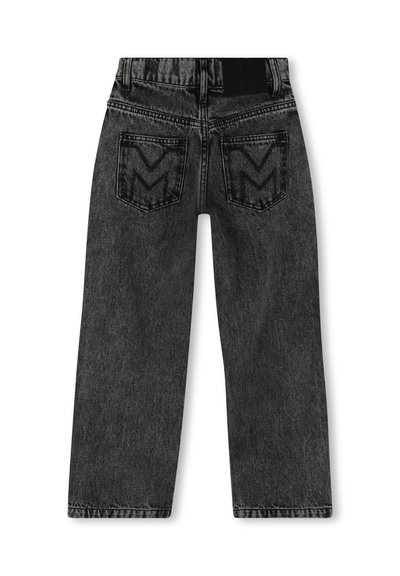 Jeans in denim nero con un design a gamba dritta, dotati di una fascia in vita elasticizzata nera e due tasche posteriori con cuciture a zig-zag.