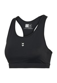 Reggiseno sportivo nero realizzato in tessuto elastico, con design a schiena razor, texture liscia e un piccolo logo bianco con accenti a chevron.