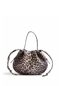 Torbica z leopardjim vzorom z mehkim tekstilnim oprijemom, okroglo obliko, zgornjim ročajem in vrvico s poudarki. Ima mešanico bež, rjave in črne barve.