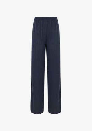 Löysät verkkarit tummansinisestä väristä, joissa on joustava vyötärö, pehmeä pinta ja ei näkyviä saumoja tai koristeluja.