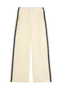 Pants in pale yellow fabric, featuring a wide-leg design with black ric-rac trim along the side seams. Smooth texture, mid-rise fit.
