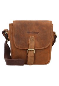Borsa a tracolla in pelle marrone con chiusura a fibbia, dettagli cuciti e finitura texturizzata. Cinghia in tessuto regolabile inclusa.