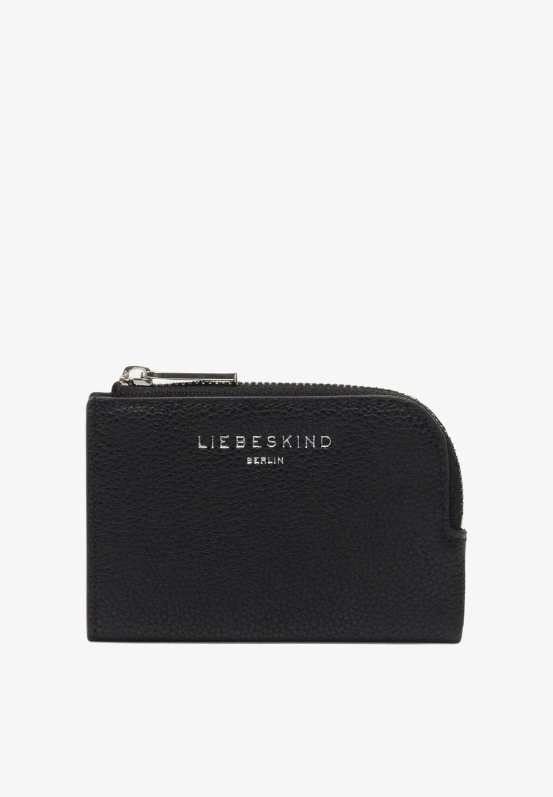 Schwarzes, genarbtes Lederetui mit Reißverschluss, silbernem Reißverschluss und "Liebeskind Berlin"-Logo, das mittig auf der Vorderseite geprägt ist.