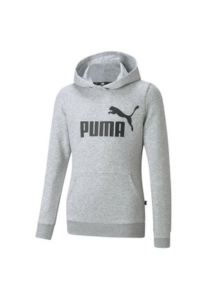 Felpa grigia realizzata in morbido tessuto, con tasca a marsupio, polsini a costine e il marchio PUMA nero ben visibile sul davanti.