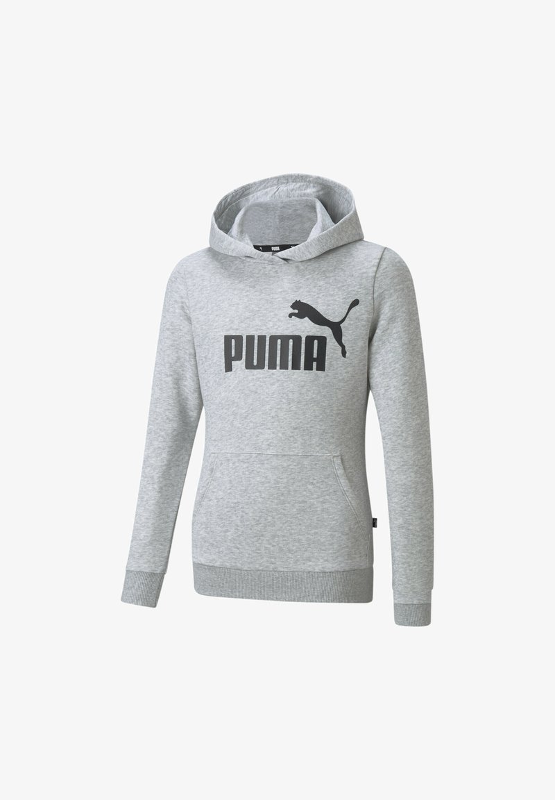 Sweat à capuche gris en tissu doux, doté d'une poche kangourou, de poignets côtelés et d'un logo PUMA noir bien visible sur le devant.