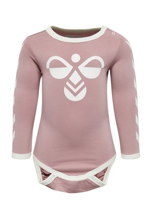 Long-sleeve baby bodysuit in dusty pink cotton, features a white bee graphic on the front and white accents with zigzag patterns on sleeves.