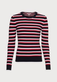 Striped sweater featuring navy, red, and white colors. Ribbed texture, crew neckline, and long sleeves. Fitted shape with a smooth finish.