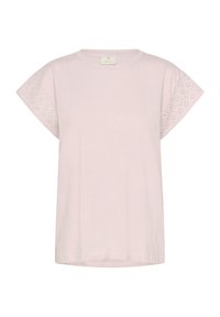 T-shirt rose clair à manches courtes avec un détail en œillets le long de la couture de l'épaule. Tissu doux avec une coupe décontractée et un col rond.