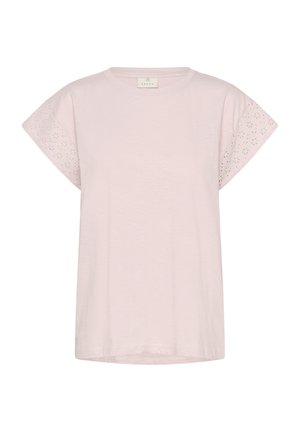 Lichtroze T-shirt met korte mouwen, voorzien van oogjesdetails langs de schoudernaden. Zachte stof met een relaxte pasvorm en ronde halslijn.