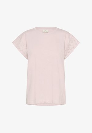 Svetloružové tričko s krátkymi rukávmi, ktoré má detaily z výšivky pozdĺž ramenného švu. Mäkká tkanina s voľným strihom a okrúhlym výstrihom.