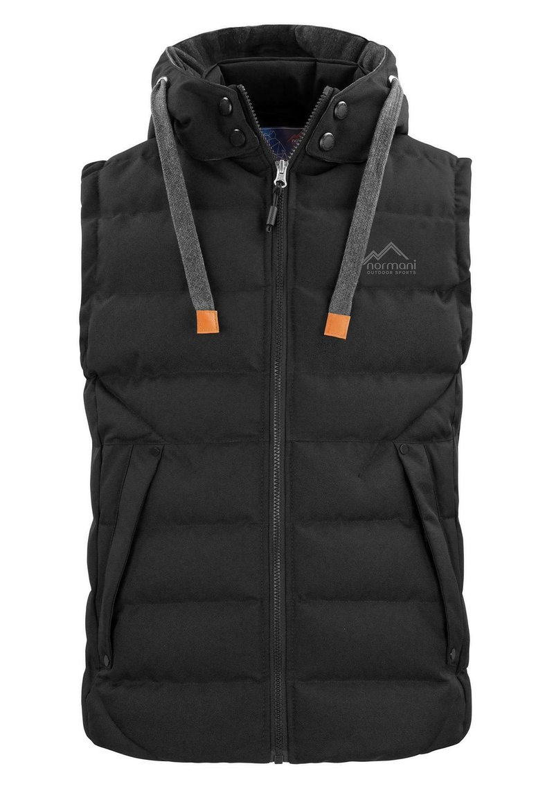 Schwarz gepolsterte Weste mit Reißverschluss, zwei seitlichen Taschen, grauer Kapuze mit Kordelzügen und braunen Lederakzenten. Mit Logo auf der oberen linken Seite.