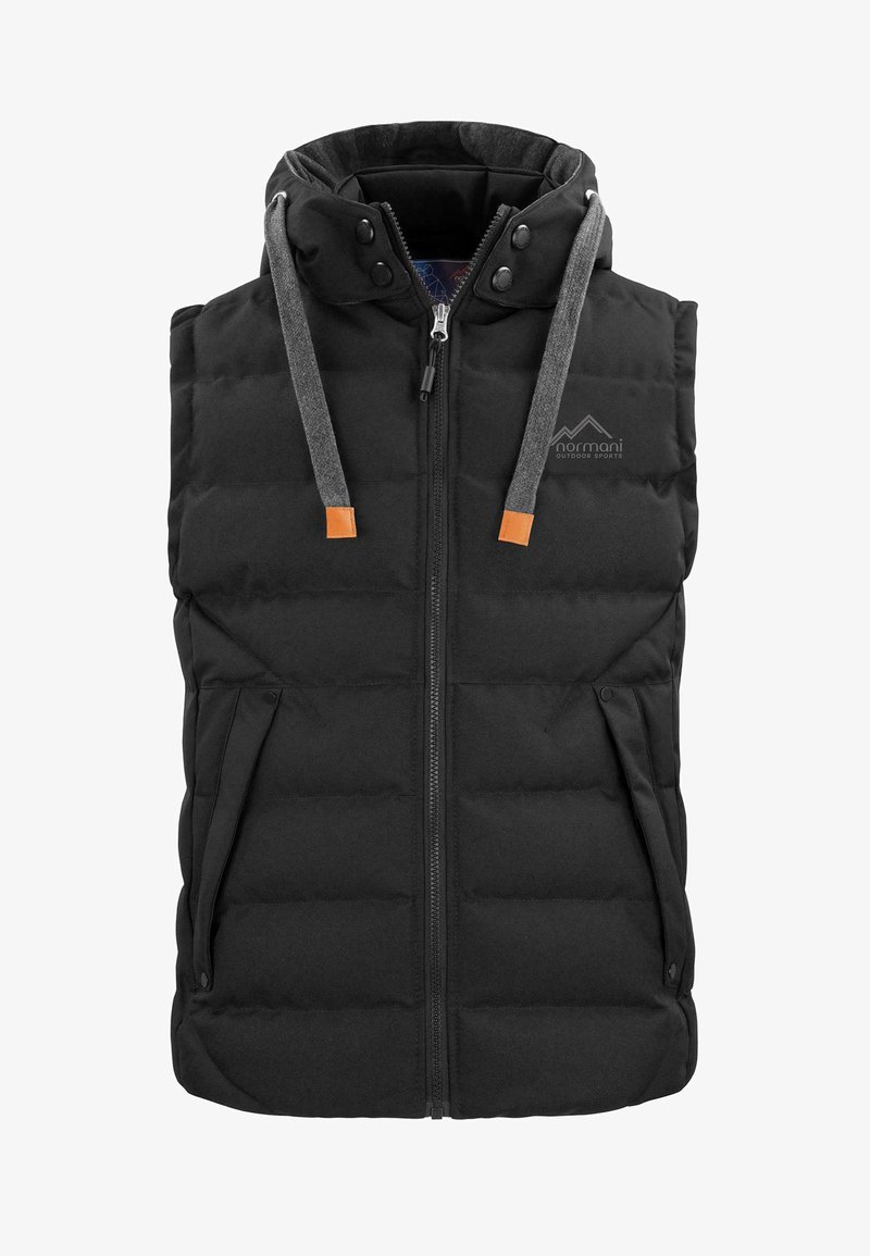 Schwarz gepolsterte Weste mit Reißverschluss, zwei seitlichen Taschen, grauer Kapuze mit Kordelzügen und braunen Lederakzenten. Mit Logo auf der oberen linken Seite.