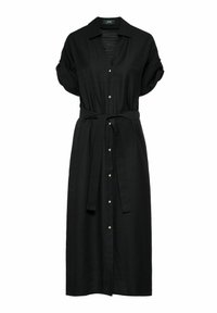 Czarna sukienka w formie koszuli z teksturowanej tkaniny, z paskiem w talii, krótkimi podwiniętymi rękawami oraz długością do połowy łydki. Złote guziki jako detal.