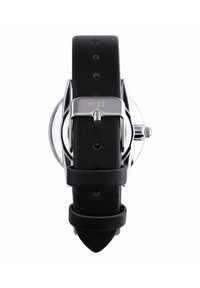 Schwarze Lederarmbanduhr mit silberner Schnalle und poliertem Metallgehäuse. Verfügt über eine Krone an der Seite und ein glattes, rundes Zifferblatt.