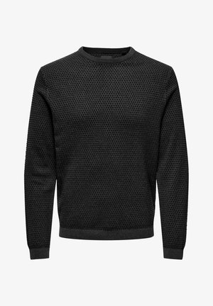 Schwarzer strukturierter Pullover mit Rundhalsausschnitt, langen Ärmeln und einem subtilen Wabenmuster. Rippenbündchen an Saum und Ärmeln.