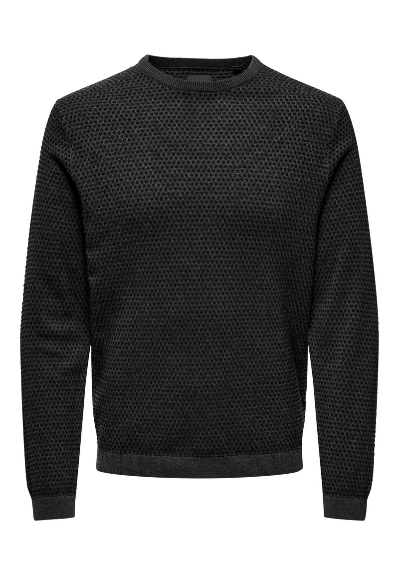 Czarny sweter o textured powierzchni z okrągłym dekoltem, długimi rękawami i subtelnym wzorem w plastry miodu. Żebrowany dół i mankiety.