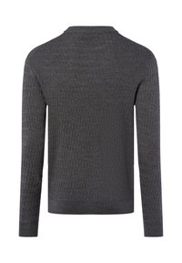 Dunkelgrauer gestrickter Pullover mit langen Ärmeln, der ein strukturiertes Muster und einen Rundhalsausschnitt aufweist. Die Rückansicht zeigt ein geripptes Bündchen und Ärmelsäume.