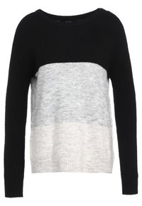 Sweter w kolorach czarnym, szarym i kremowym, z okrągłym dekoltem, długimi rękawami i ściągaczami na mankietach, wykonany z miękkiego dzianinowego materiału.