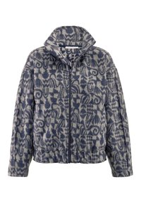 Fleecejack met hoge kraag, ritssluiting en abstracte blauwe en grijze patronen. Zachte textuur en elastische zoom voor een getailleerde look.