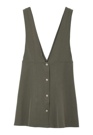 Top senza maniche verde oliva con scollatura a V profonda, caratterizzato da una fila di cinque bottoni decorativi e cuciture verticali per un design strutturato.