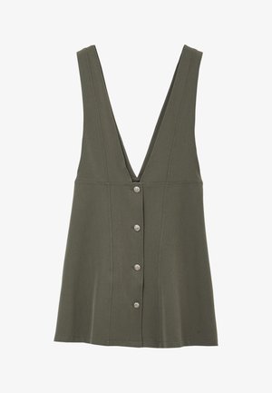 Top sans manches vert olive avec un décolleté en V profond, doté d'une rangée de cinq boutons décoratifs et de coutures verticales pour un design structuré.