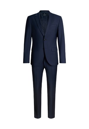 Marineblauer zweiteiliger Herrenanzug mit einreihigem Sakko, Ein-Knopf-Verschluss, Revers mit Kerbe, Pattentaschen und passenden Maßhosen.