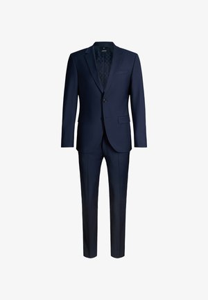 Marineblauer zweiteiliger Herrenanzug mit einreihigem Sakko, Ein-Knopf-Verschluss, Revers mit Kerbe, Pattentaschen und passenden Maßhosen.