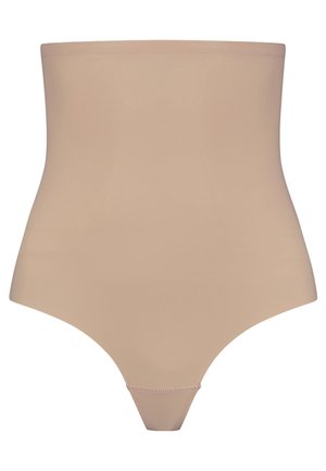 Beige hochtaillierter Bodysuit aus glattem, elastischem Material. Verfügt über ein nahtloses Design mit einem dreieckigen Schnitt an der Unterseite.