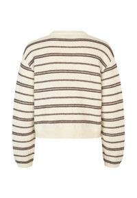 Maglione corto crema con righe orizzontali marroni, texture a maglia, colletto rotondo e polsini e orlo a coste. Nessun altro dettaglio presente.