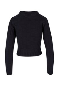 Pull noir à manches longues en maille avec un motif carré texturé et des poignets et un ourlet côtelés, vu de dos.