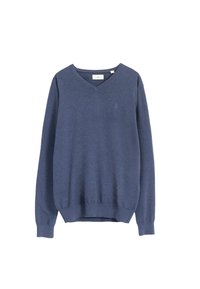 Jersey de cuello en V en azul marino oscuro, hecho de una tela suave. Presenta puños y dobladillo acanalados, con un sutil logotipo bordado en el pecho.