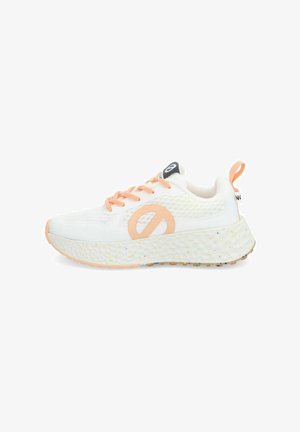 White athletic shoe with a textured upper, peach accents, and a speckled sole. Features round logo and pull tab at the heel. Lightweight design.