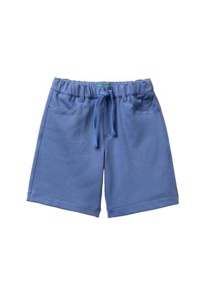 Pantalones cortos casuales azules con cinturilla elástica, cordón delantero, dos bolsillos delanteros, trabillas para cinturón y un pequeño logo bordado en el lado derecho.