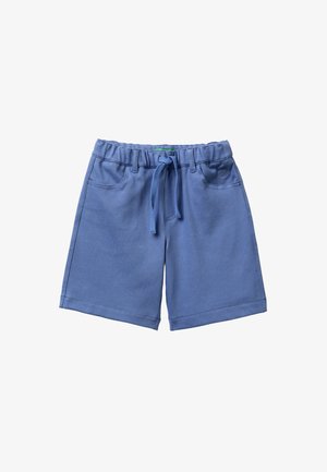 Pantalones cortos casuales azules con cinturilla elástica, cordón delantero, dos bolsillos delanteros, trabillas para cinturón y un pequeño logo bordado en el lado derecho.