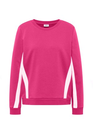 Sweat-shirt rose à manches longues avec col ras du cou et fines rayures verticales rose clair le long des manches et des côtés.